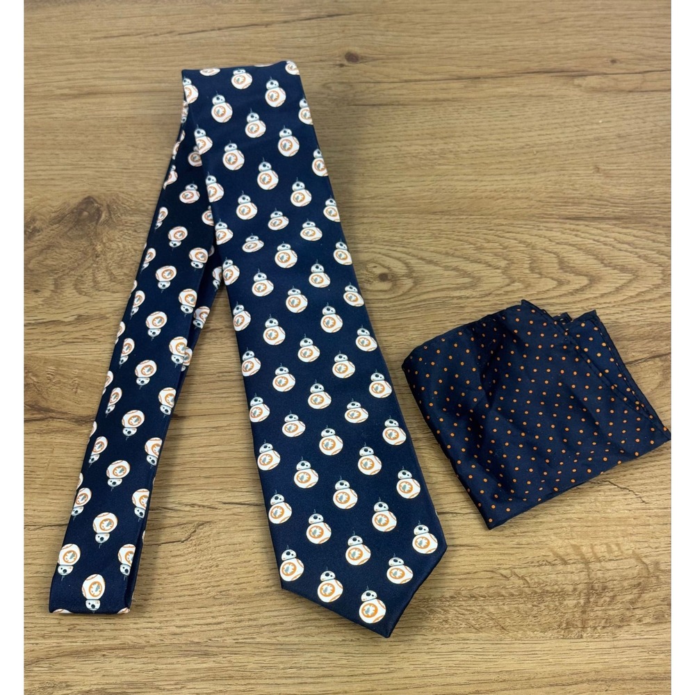 Star Wars BB-8 Necktie Pocket Square Set Mens Navy Blue Droid Polka Dot